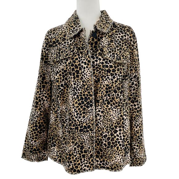 Laura Ashley Brown Leopard Sequin Raw Edge Trim Jacket Women Sz 2X - Picture 1 of 10